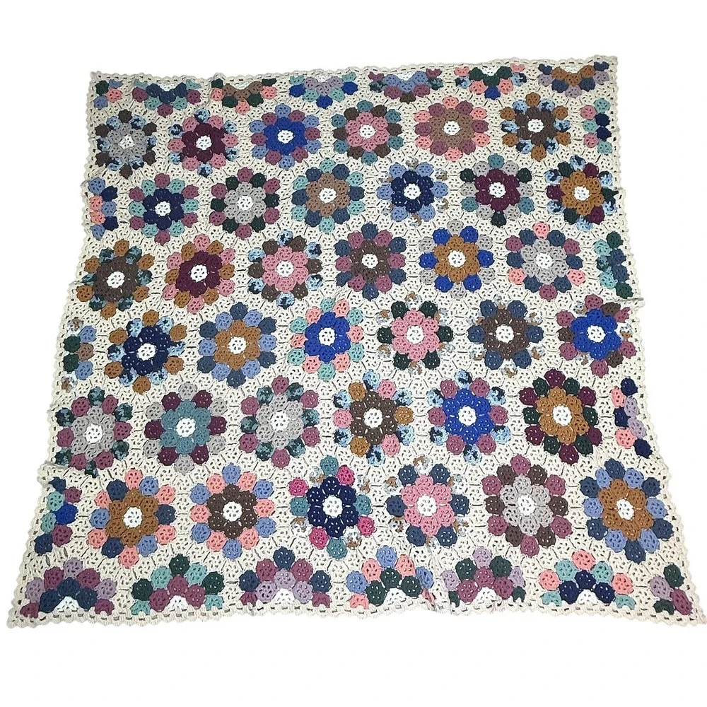 Vintage Handmade Crochet Granny Square Blanket Throw Floral Multicolor 75